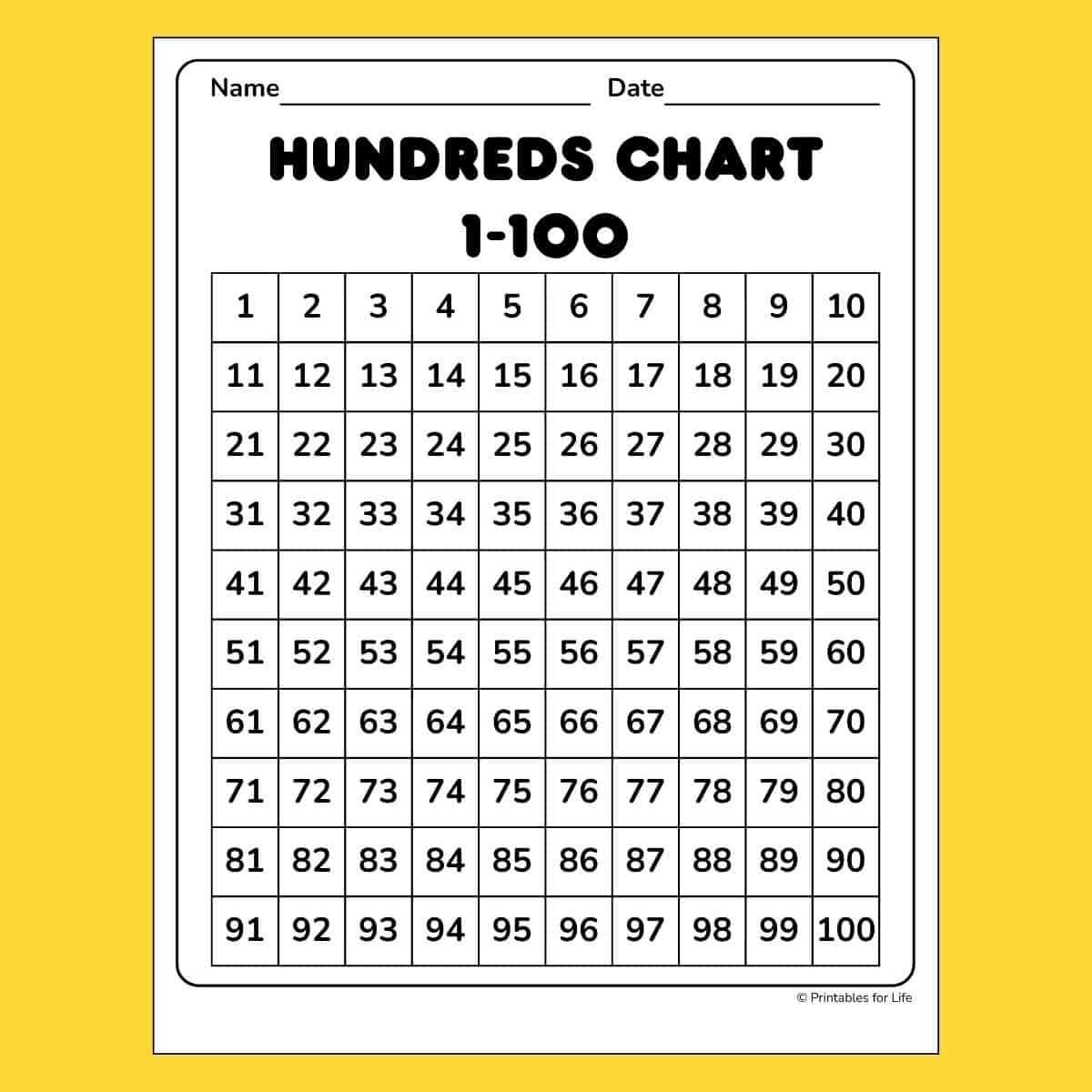 100 chart printable free