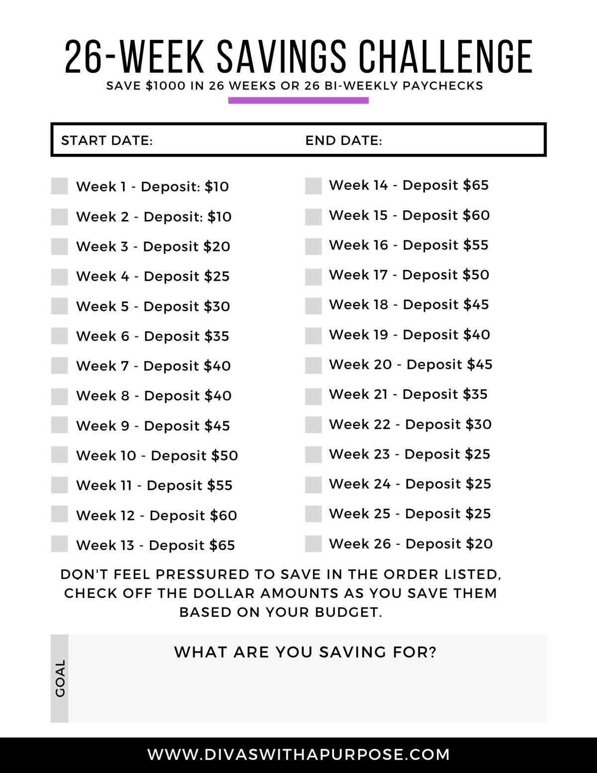 26 week savings challenge free printable