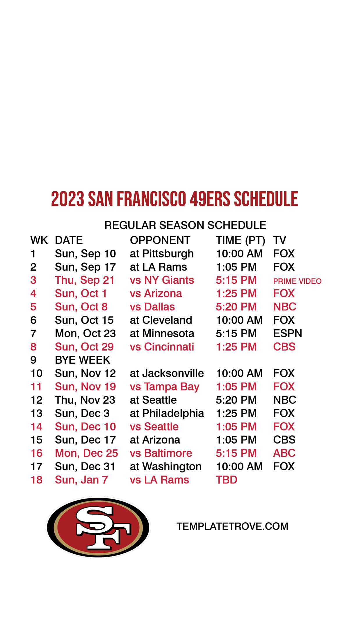 49ers schedule printable