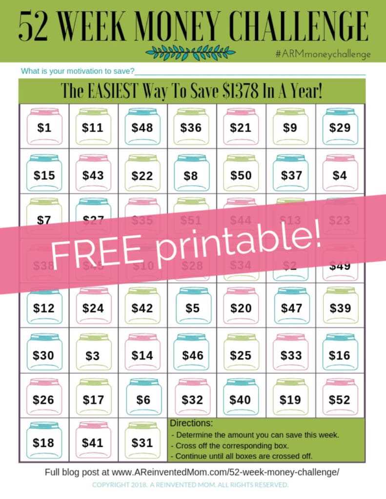 52 week savings challenge free printable