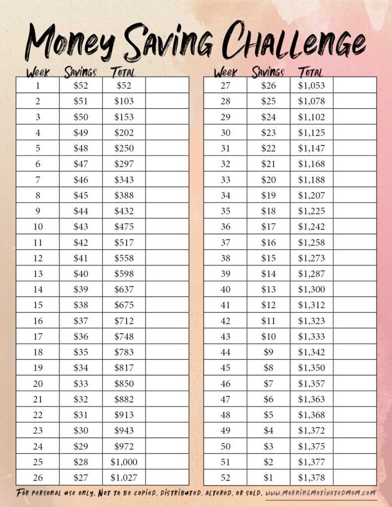 52 week savings challenge free printable