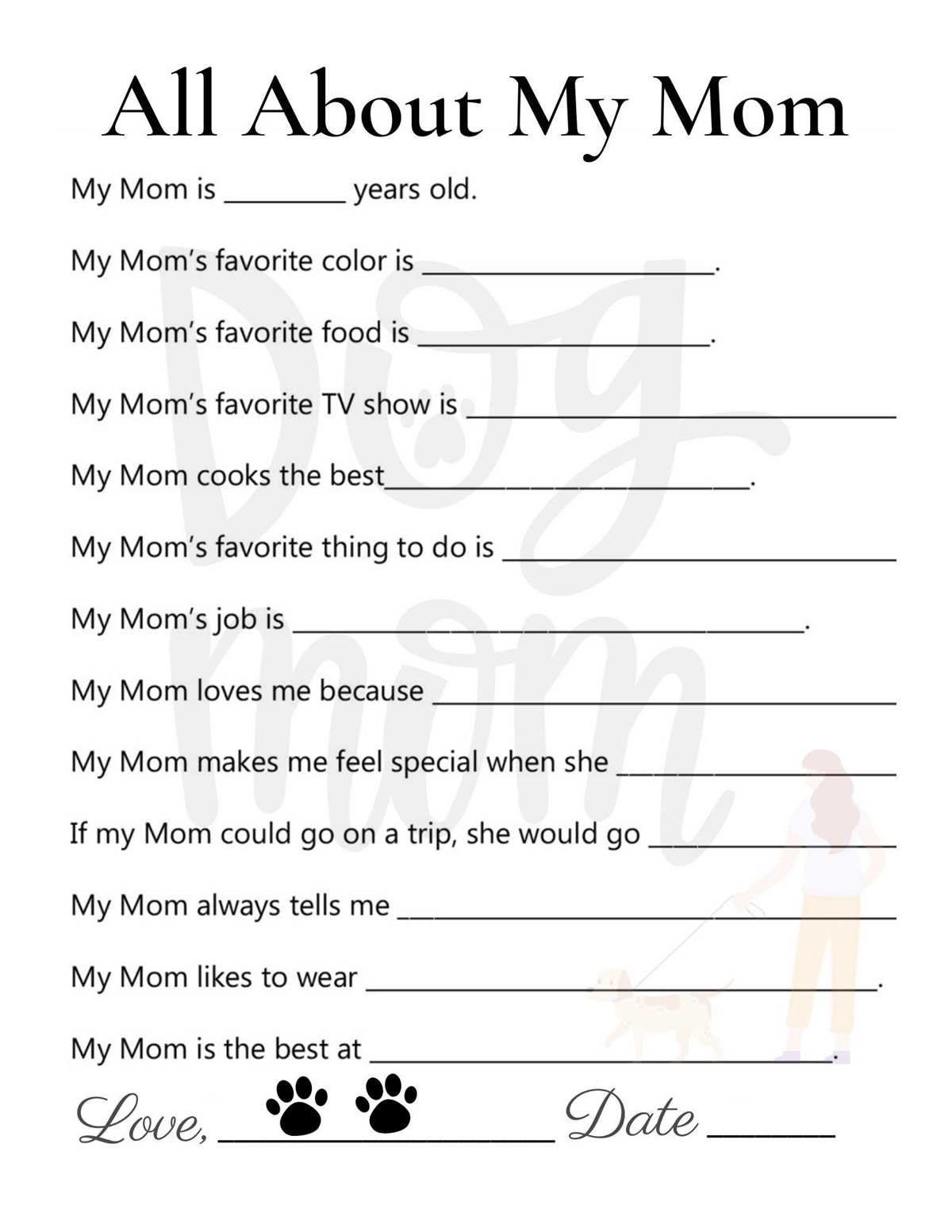 all about my mom preschool printable