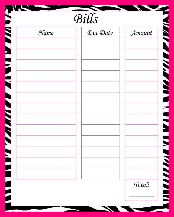 bill organizer printable