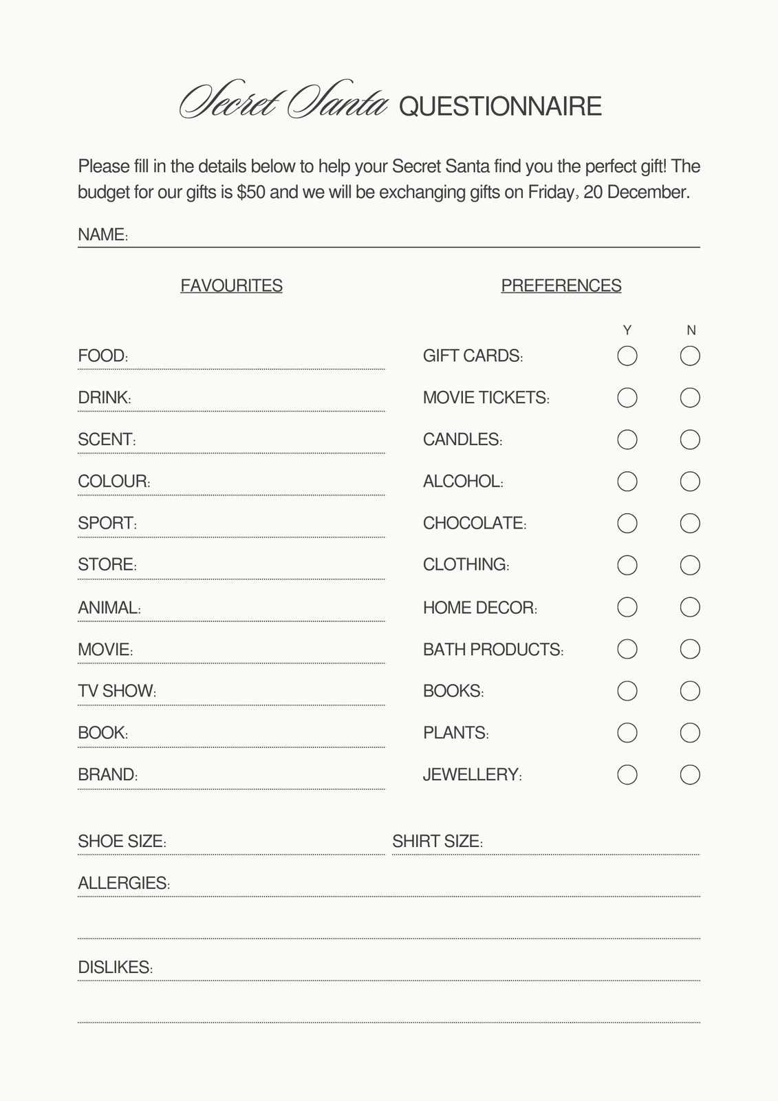 christmas secret santa wish list printable free