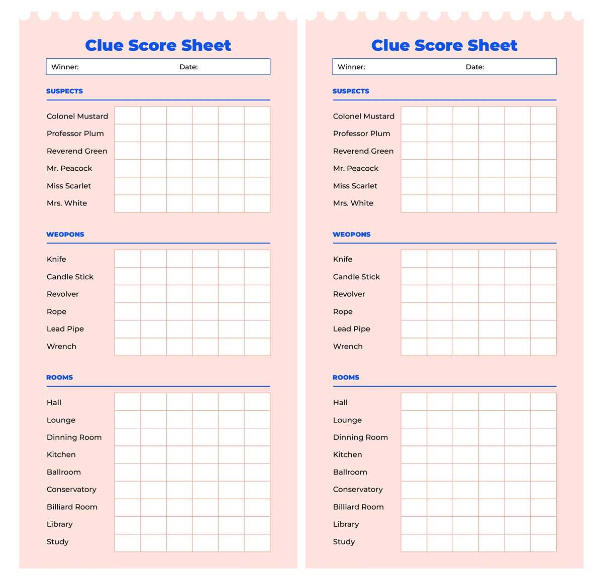 clue printable game sheets