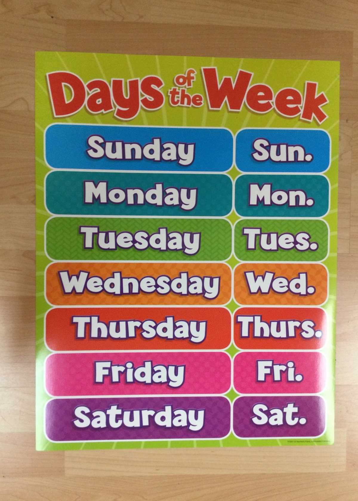 days of week chart printable