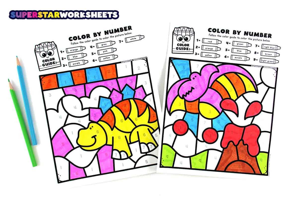 dinosaur color by number free printable