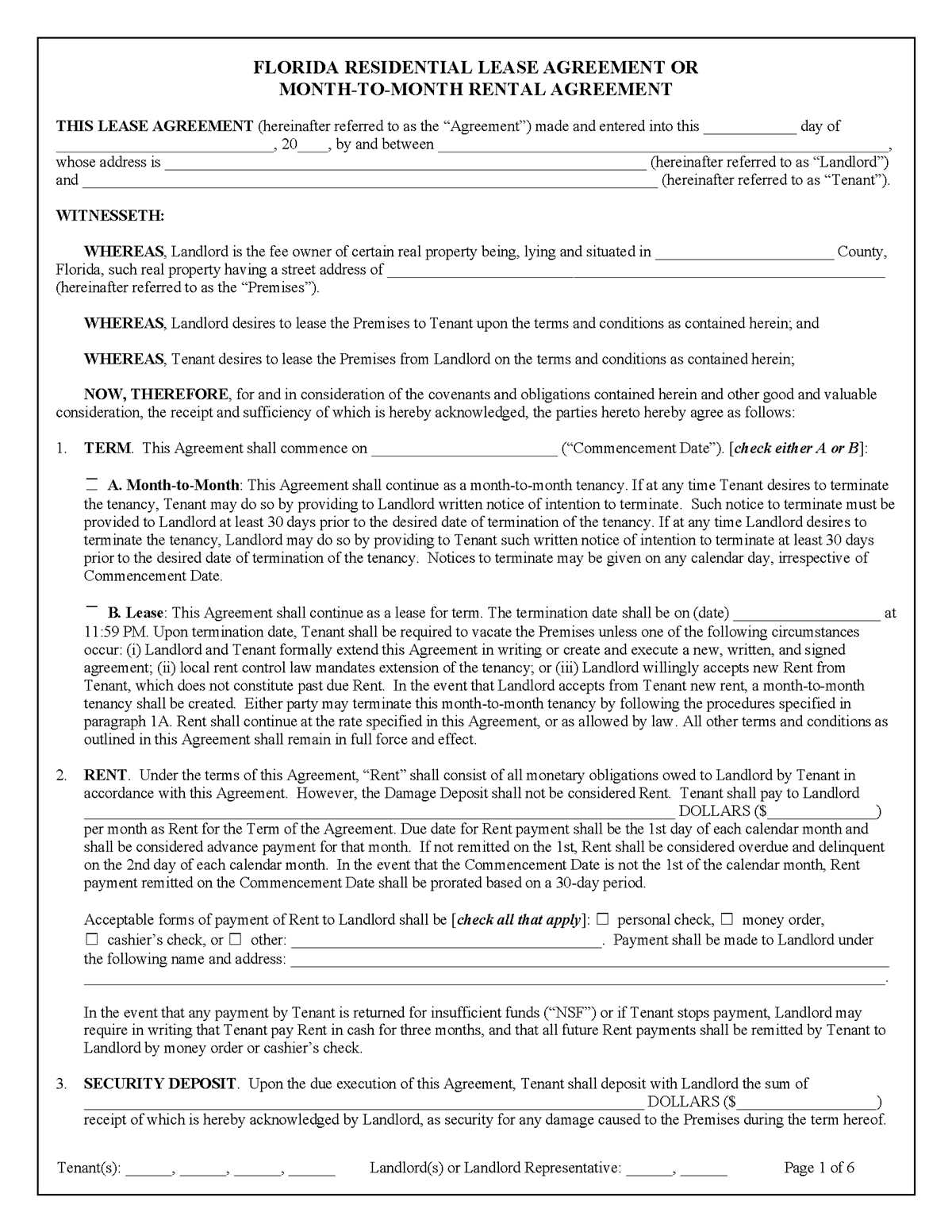 florida rental agreement printable