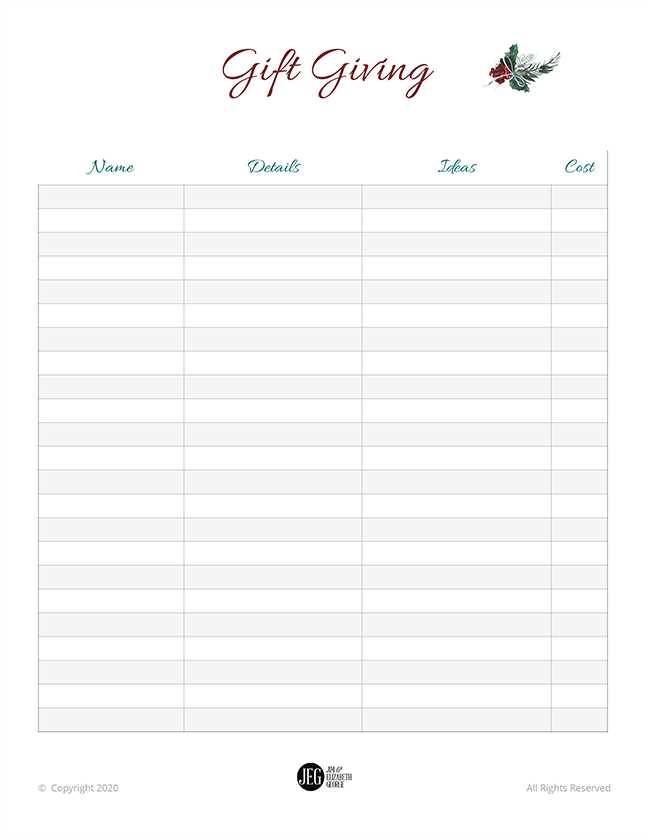 free printable christmas gift list template