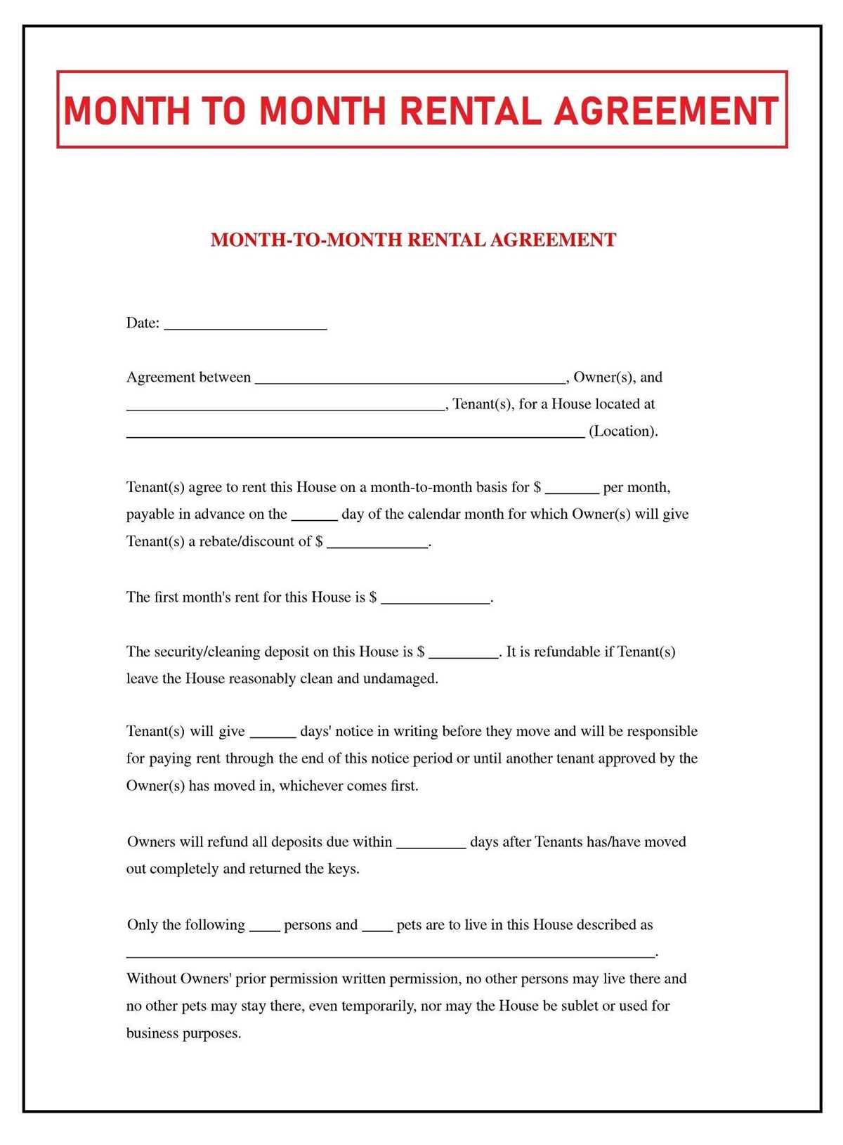 free printable month to month rental agreement