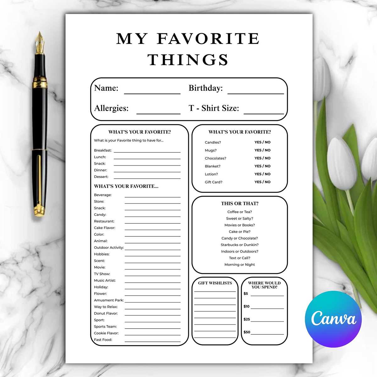 free printable my favorite things list printable
