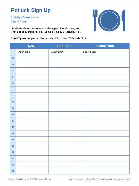 free printable potluck sign up sheet
