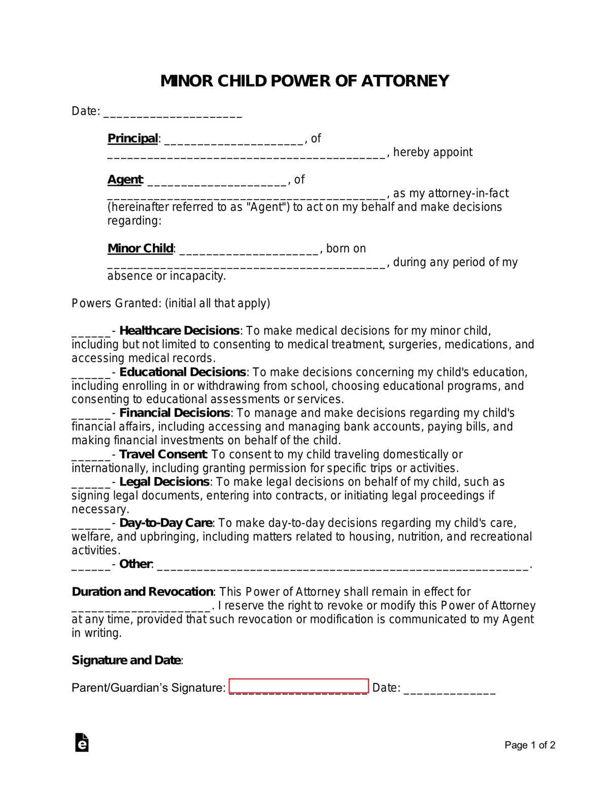 free printable power of attorney for minor child