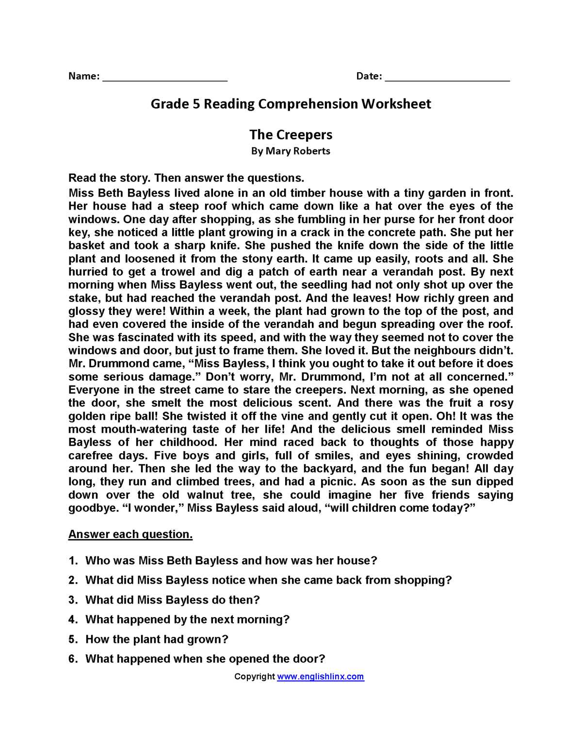 free printable reading comprehension worksheets for 5th graders