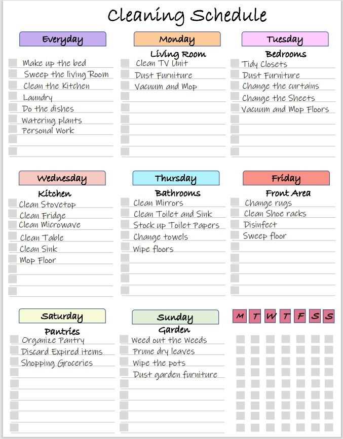 household cleaning schedule printable