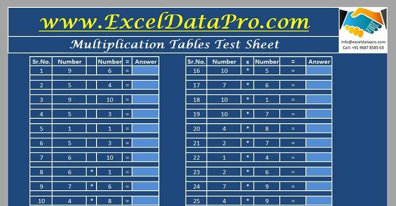 multiplication table test printable