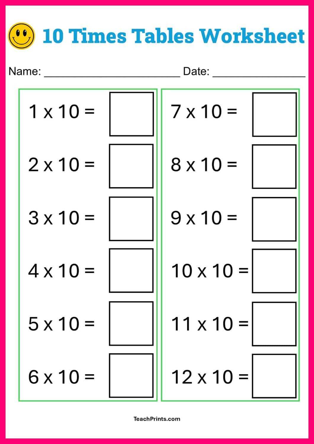 multiplication table test printable