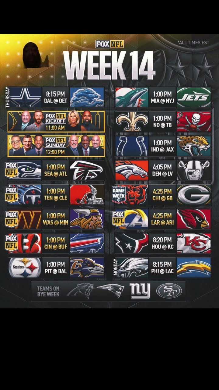 nfl printable schedule week 14