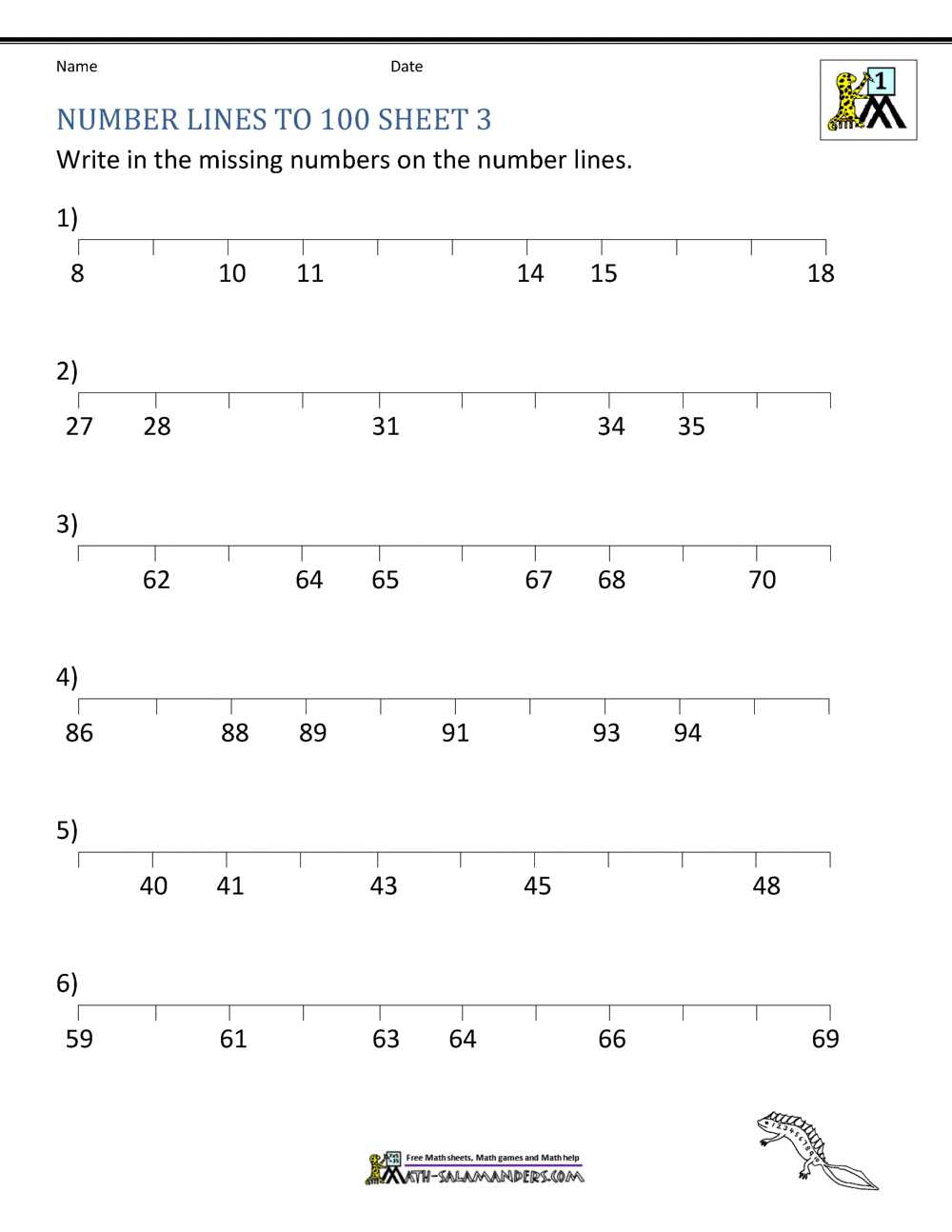 number line to 100 printable
