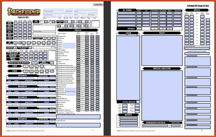pathfinder character sheet printable