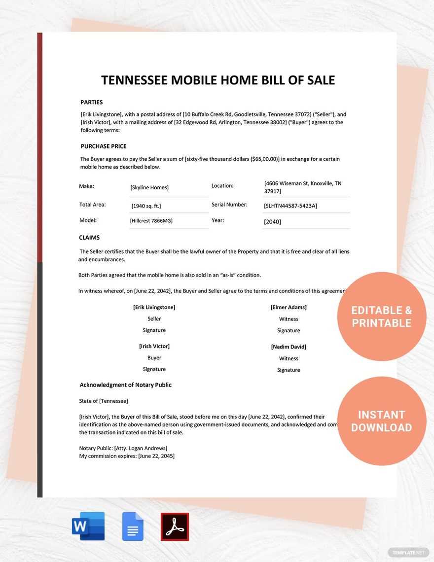 printable bill of sale for a mobile home