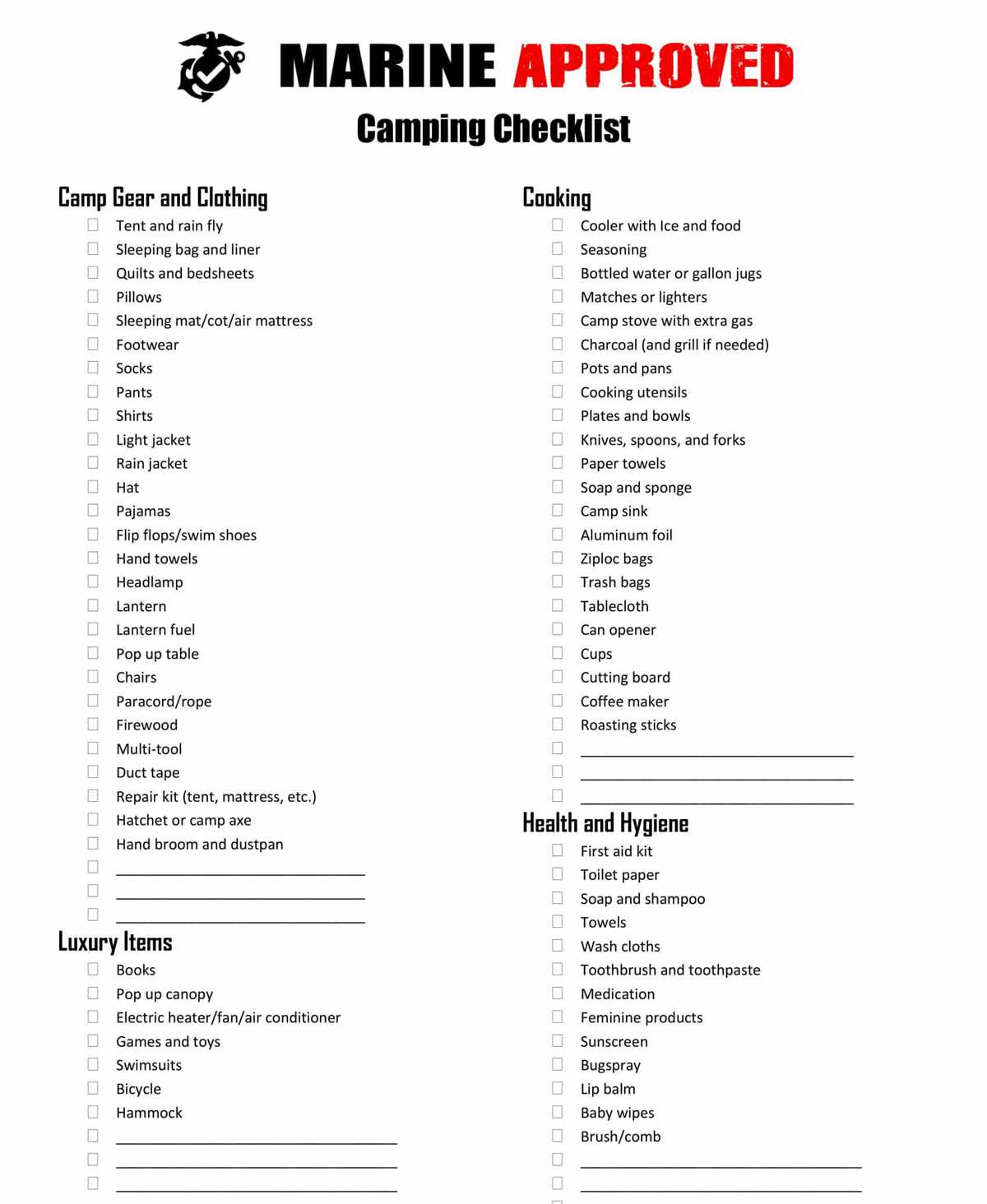 printable camp checklist