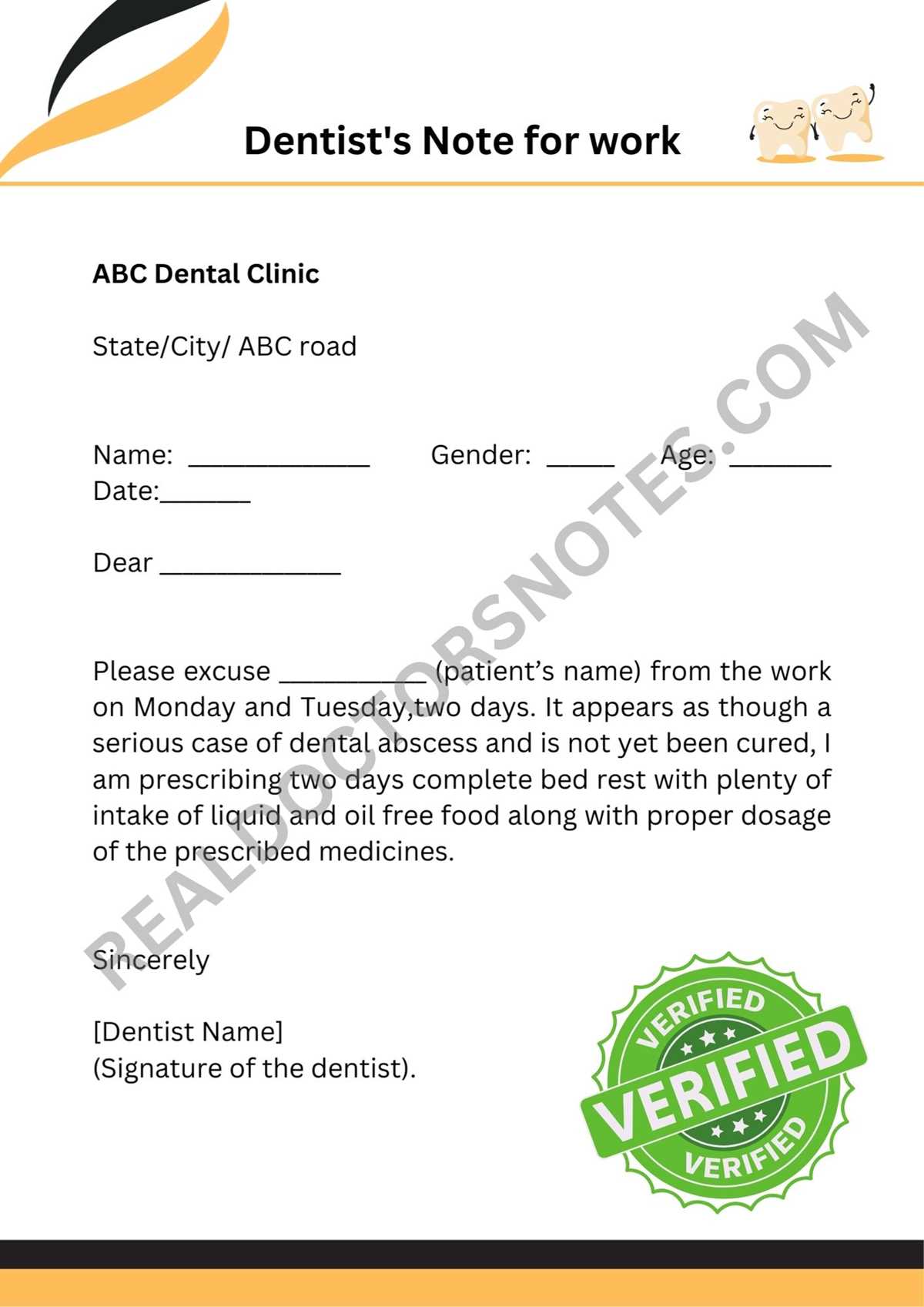 printable dentist note for work