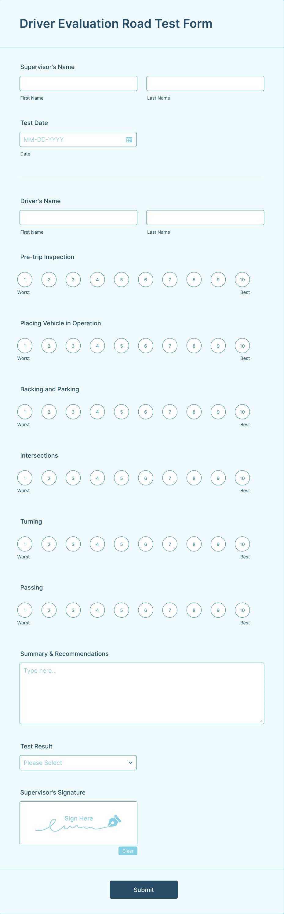 printable driver evaluation road test form