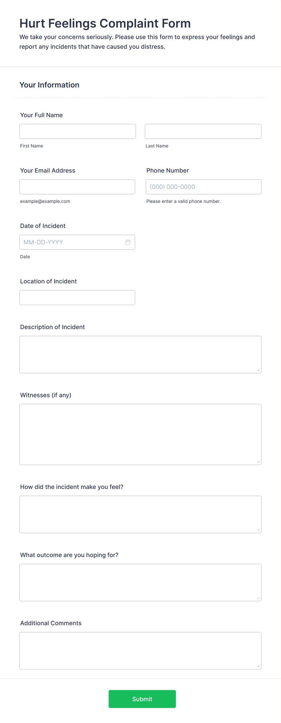 printable hurt feelings report