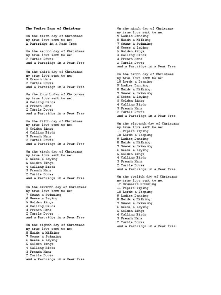 printable lyrics for 12 days of christmas