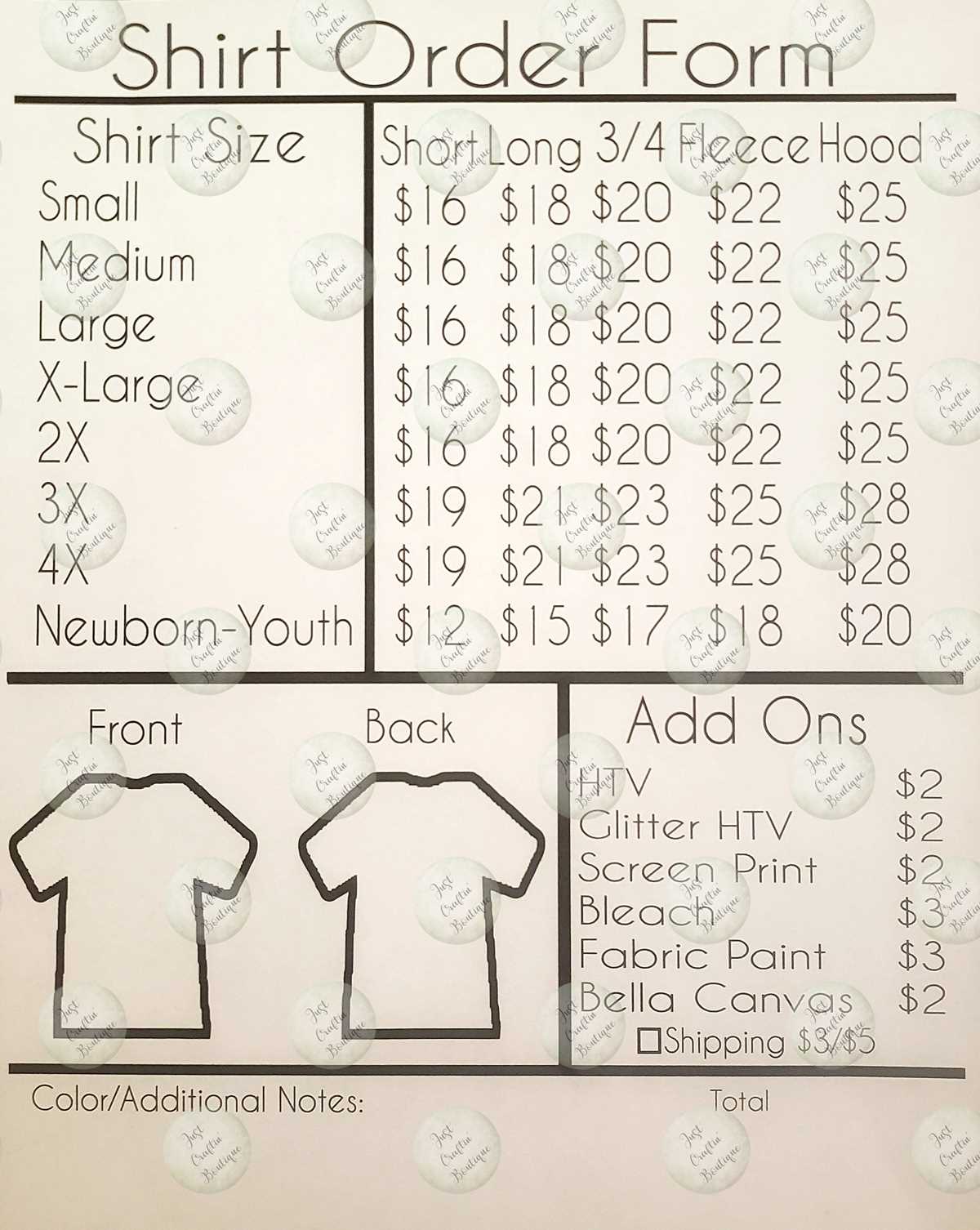 printable order forms for t shirts