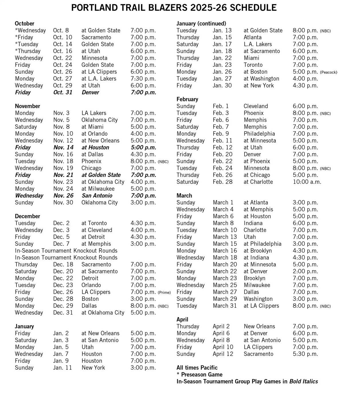 printable trail blazers schedule