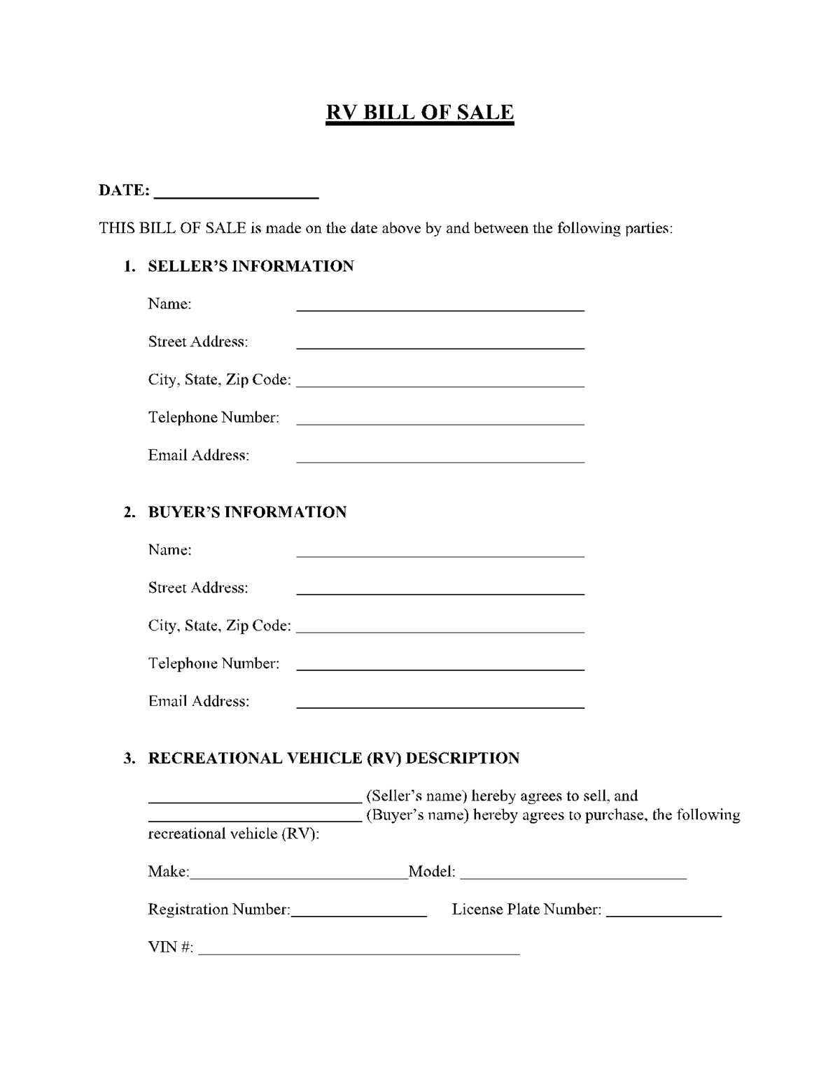 printable travel trailer camper bill of sale template