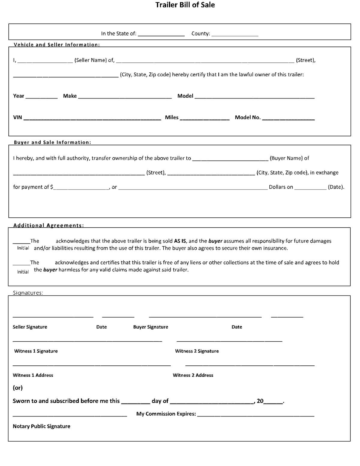 printable travel trailer camper bill of sale template