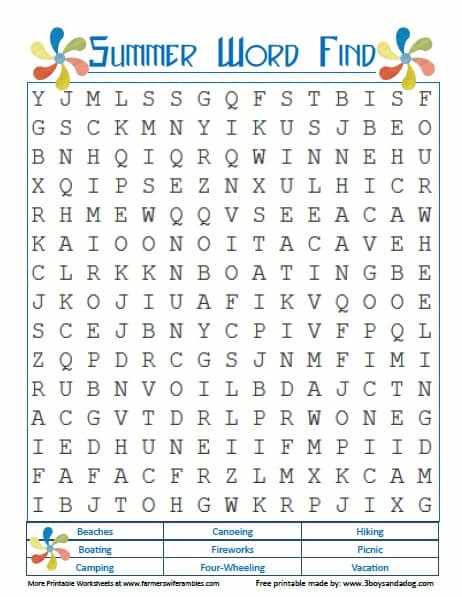 printable word searches summer