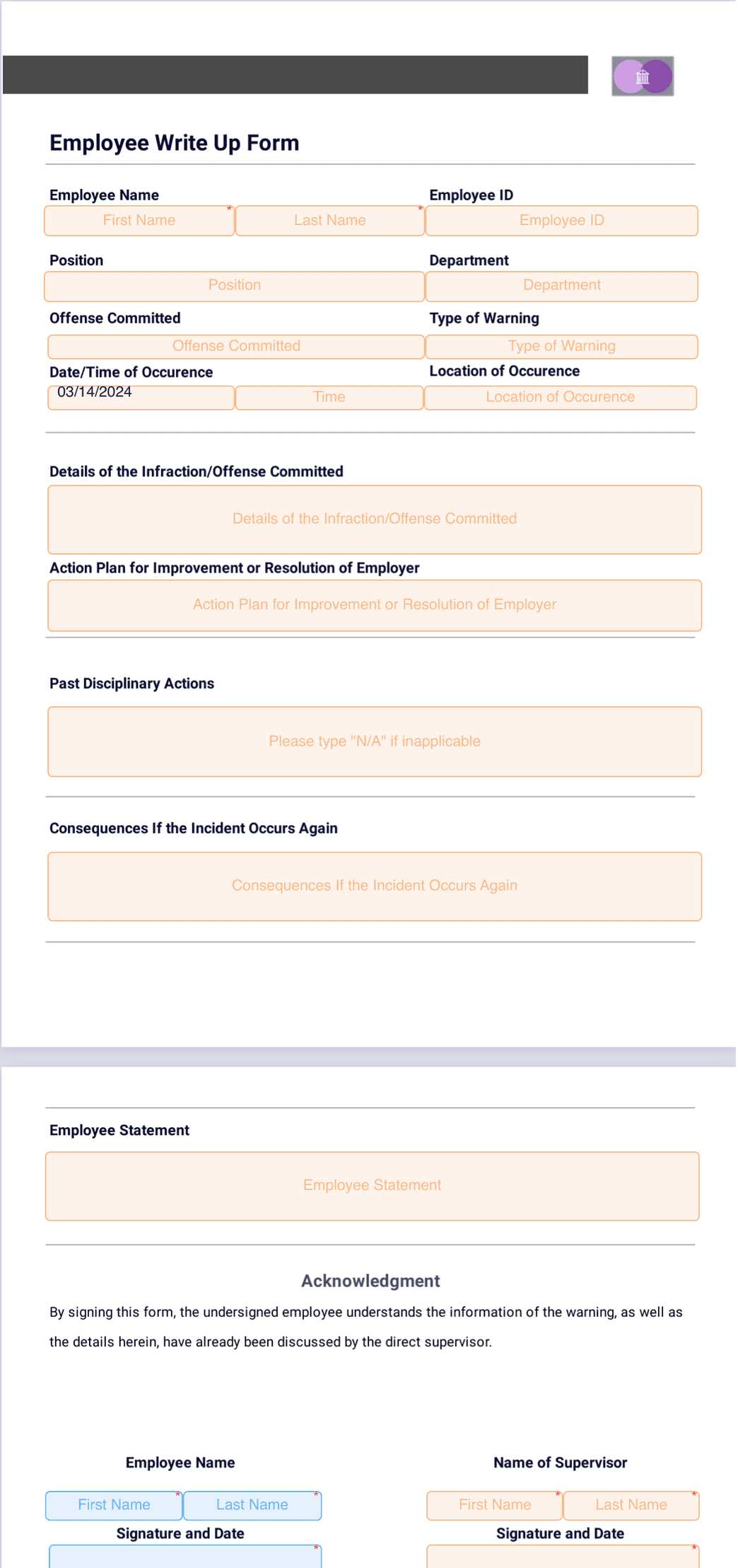 printable write up forms for employees