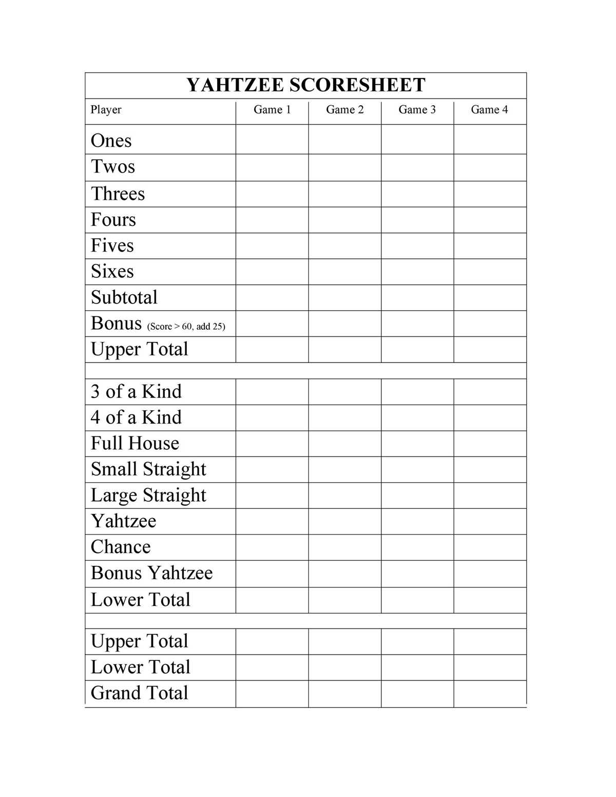 printable yahtzee score pads