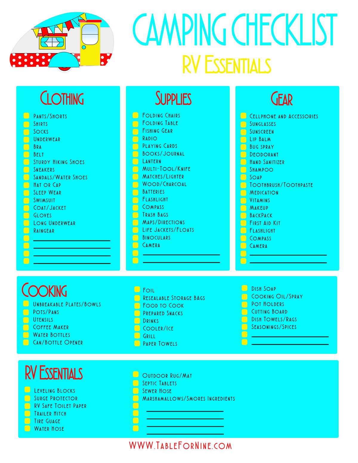 rv packing checklist printable