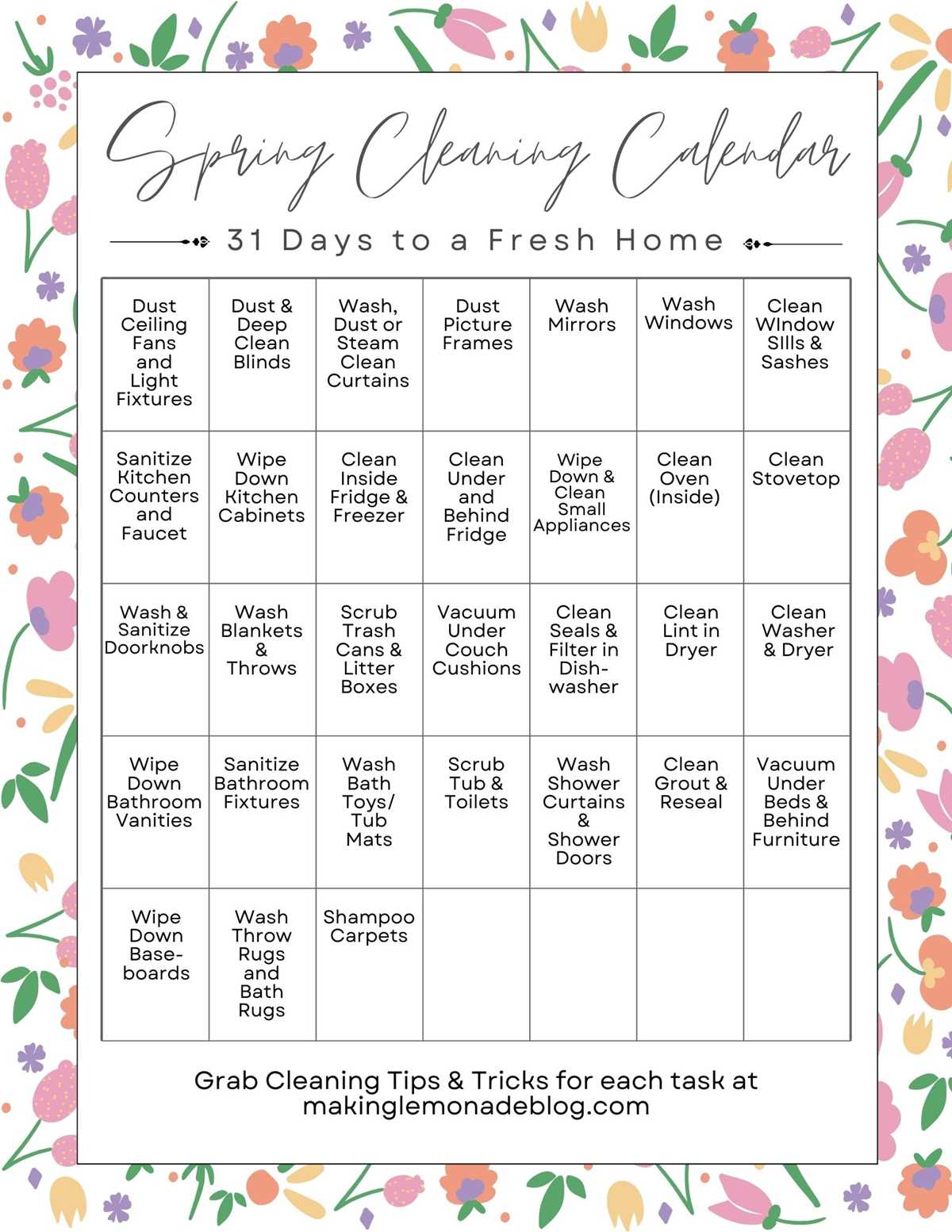 spring cleaning list printable