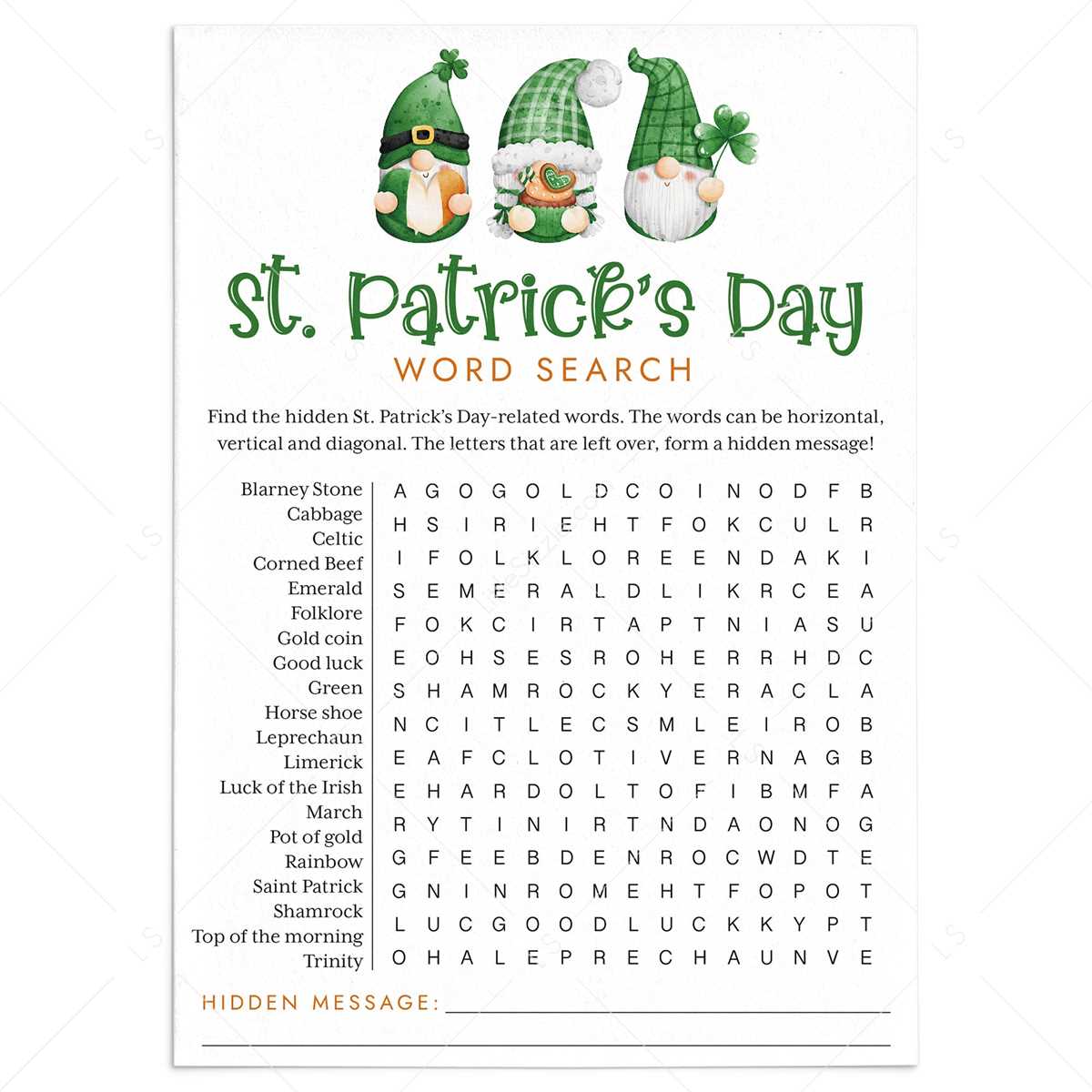 st patricks day word search printable