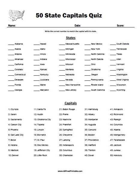 states and capitals list printable