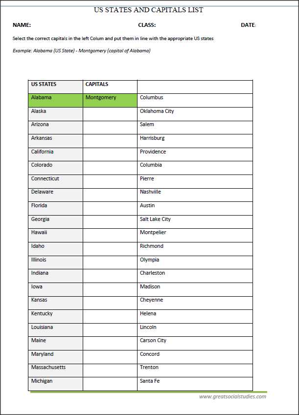 states and capitals printable list