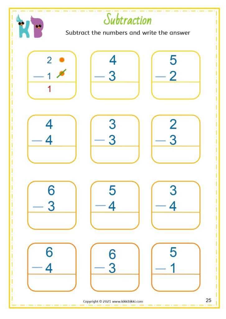 subtraction worksheets for kindergarten printable free