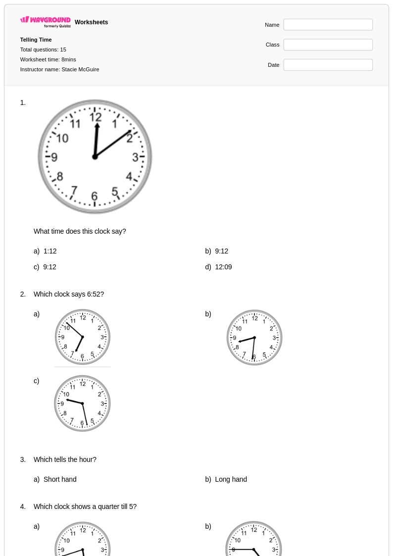 telling time clocks printable