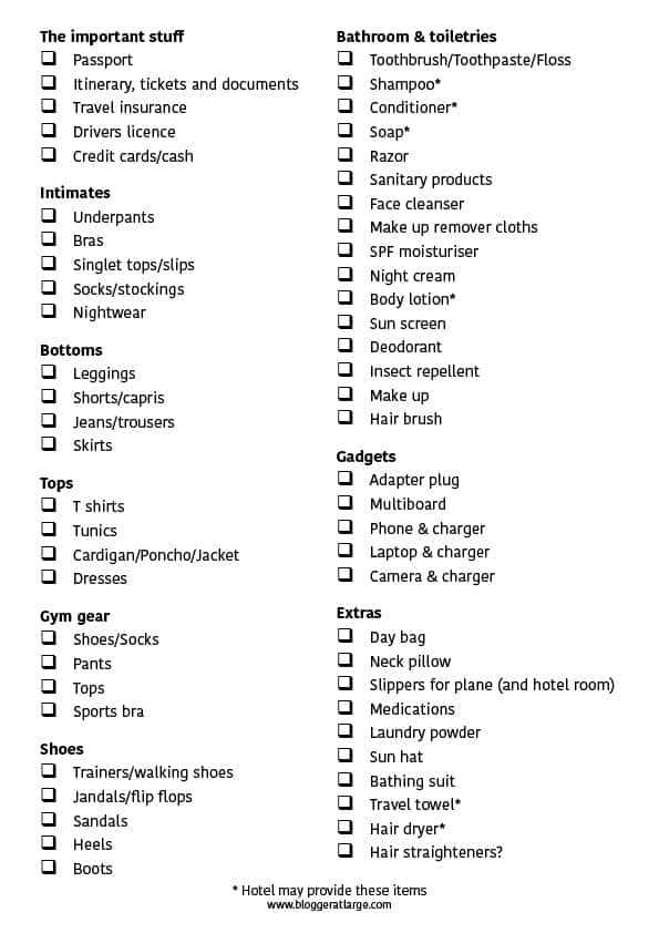 trip packing list printable