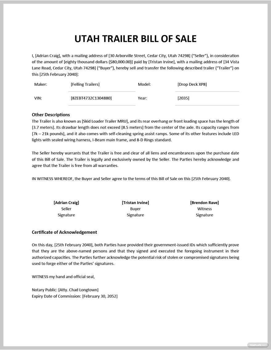 utah bill of sale printable