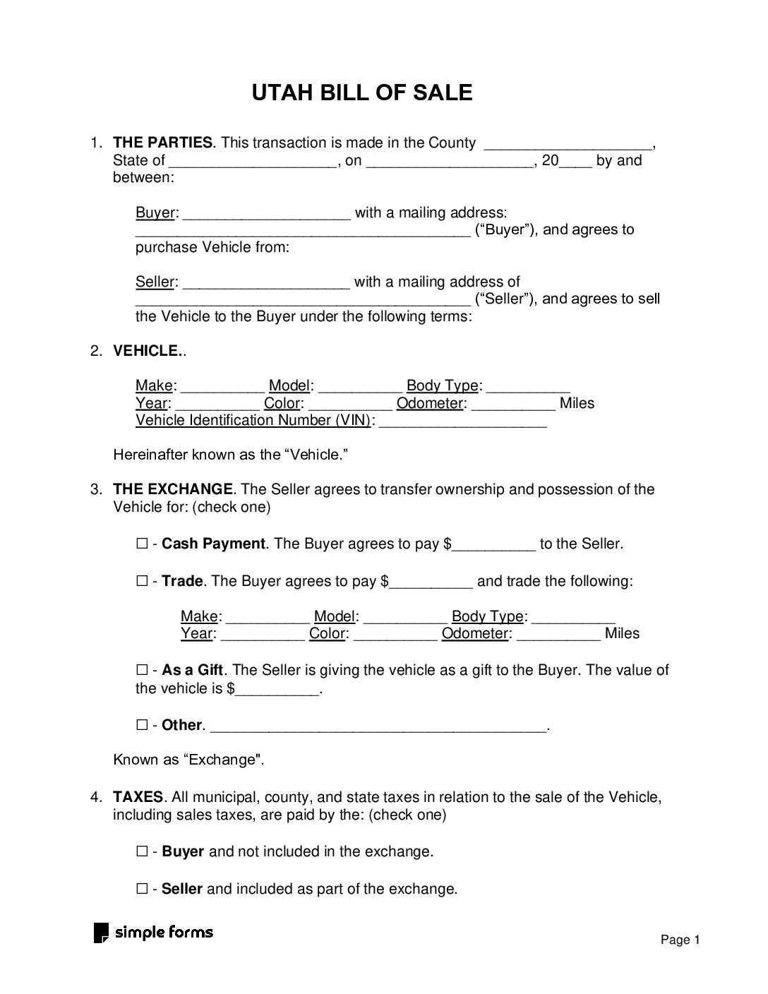 utah bill of sale printable