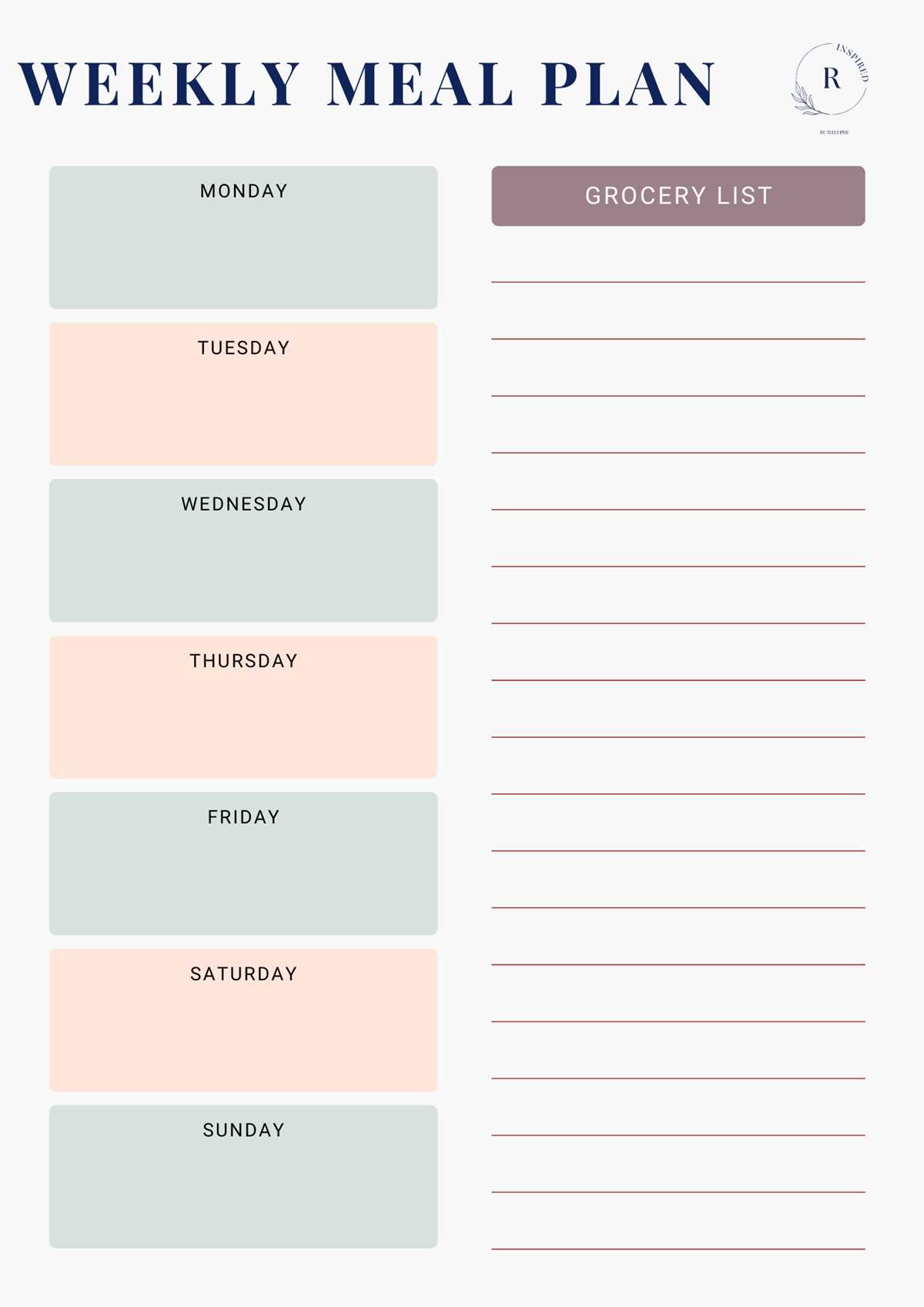 weekly meal planner printable template