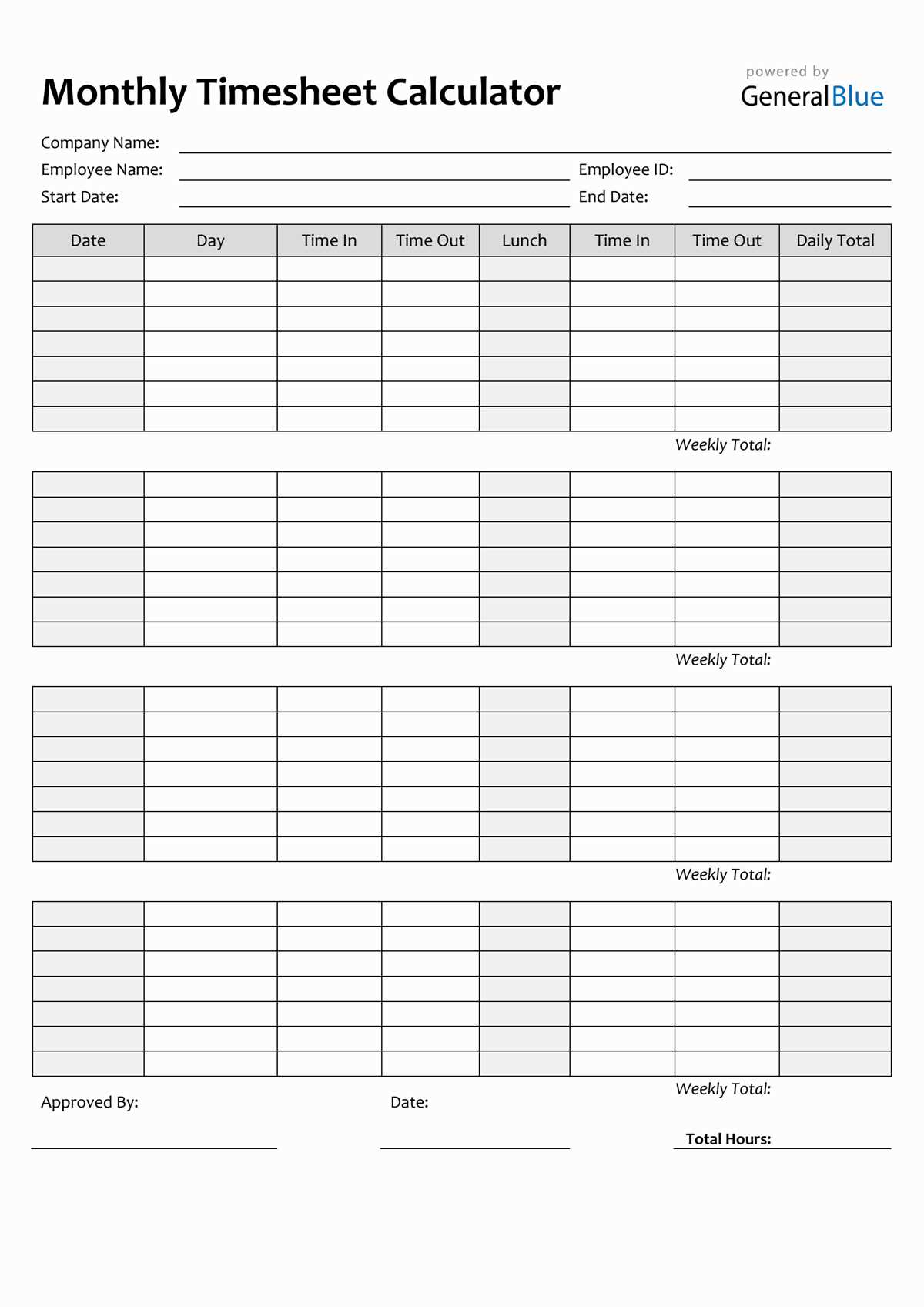 weekly timesheet template free printable
