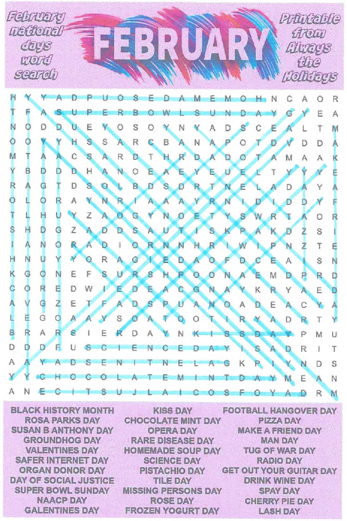 word search printable february